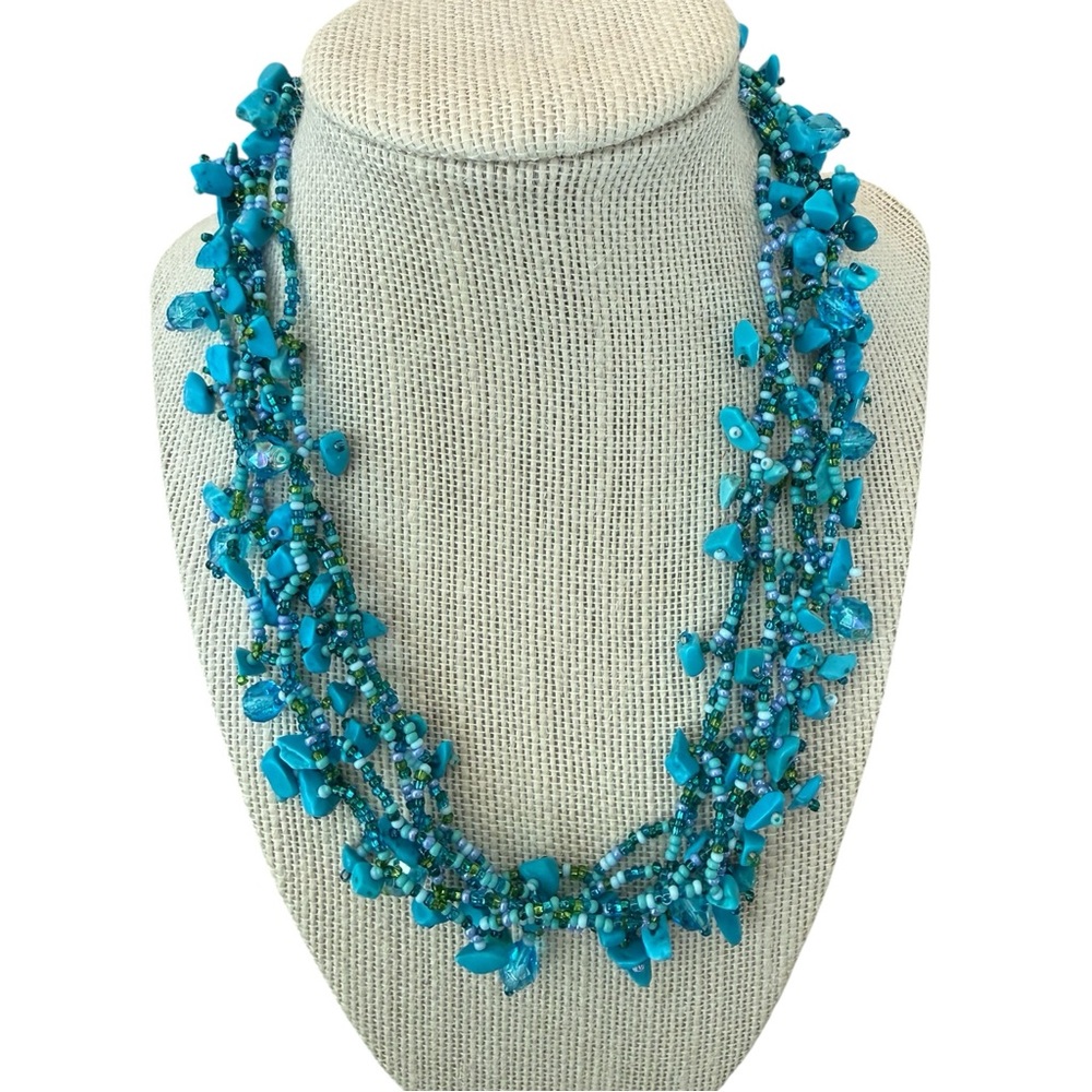 Multi Strand Faux Turquoise Chips Seed Beads Boho Coastal Chic Necklace